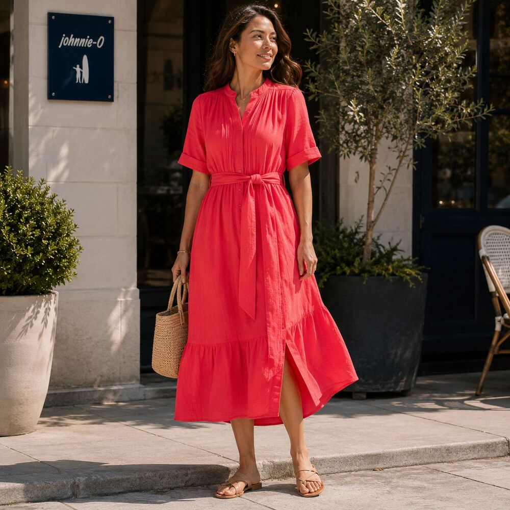 JOHNNIE-O Women’s New Maxi Dress SMALL Red Gauze Belted Button Front JWLD100050